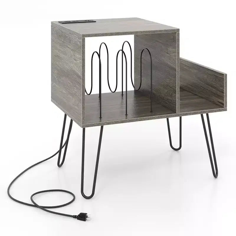 Mobile portadischi Grigio / Marrone Rustico con Stazione di ricarica integrata, Gambe in metallo, Monoposto