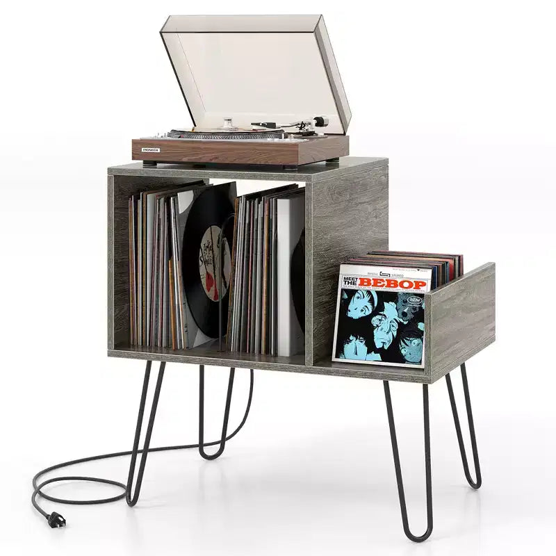 Costway Record Player Stand Turntable Stand w/ Built-in Charging Station Metal Legs