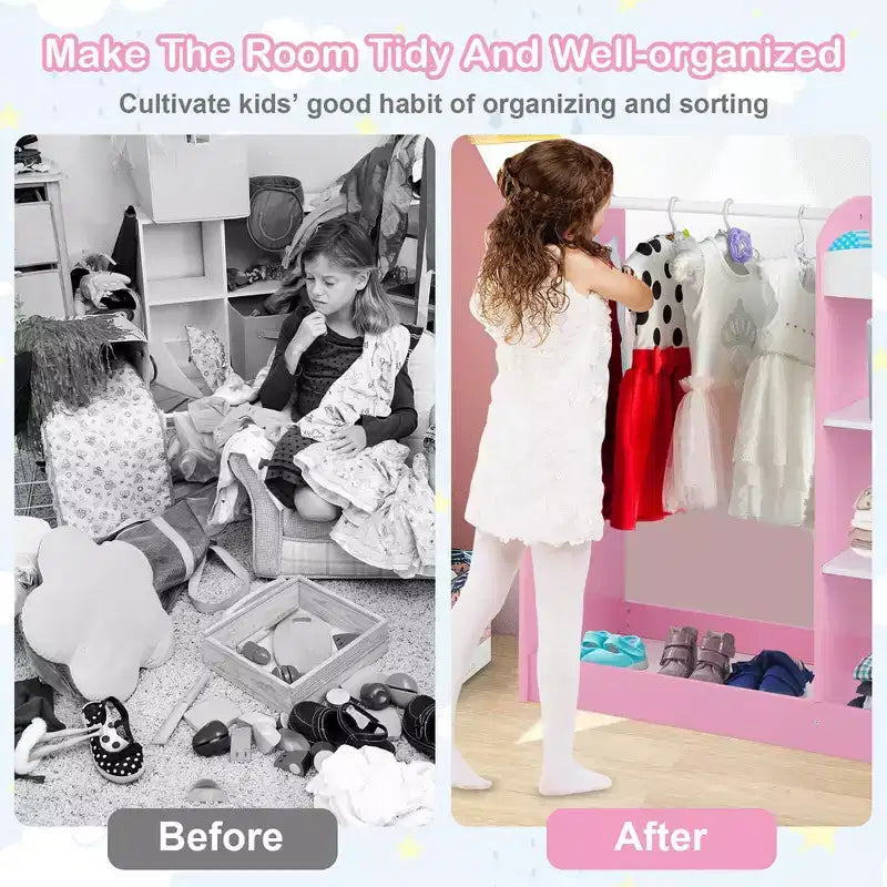 Armadio/Guardaroba per Travestimenti per Bambini Rosa/Bianco con Specchio — Per Età 2+