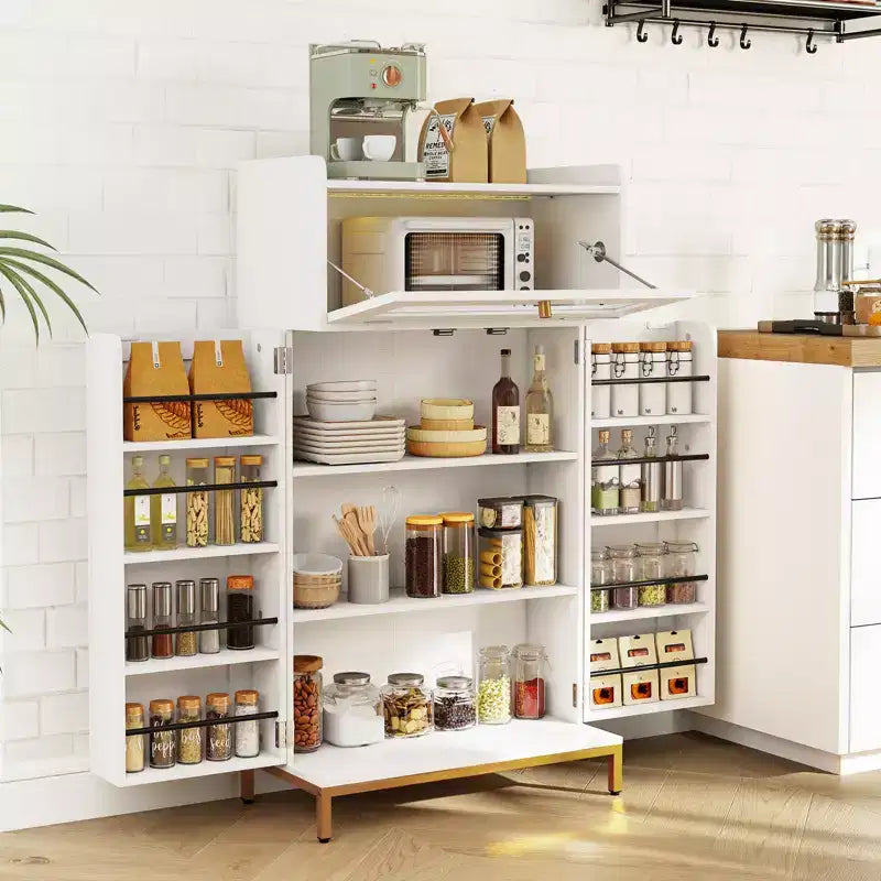 Dispensa da Cucina Bianca e Oro con Luci LED e Presa di Corrente, Montaggio per 1 Persona