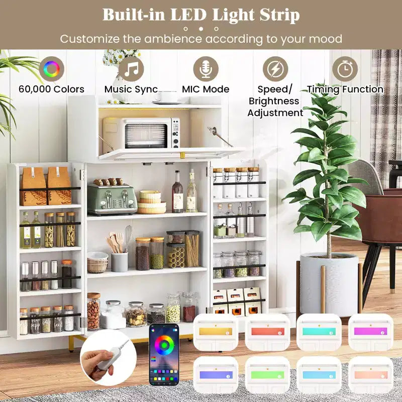 Dispensa da Cucina Bianca e Oro con Luci LED e Presa di Corrente, Montaggio per 1 Persona