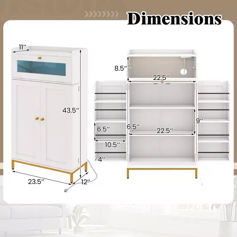 Dispensa da Cucina Bianca e Oro con Luci LED e Presa di Corrente, Montaggio per 1 Persona