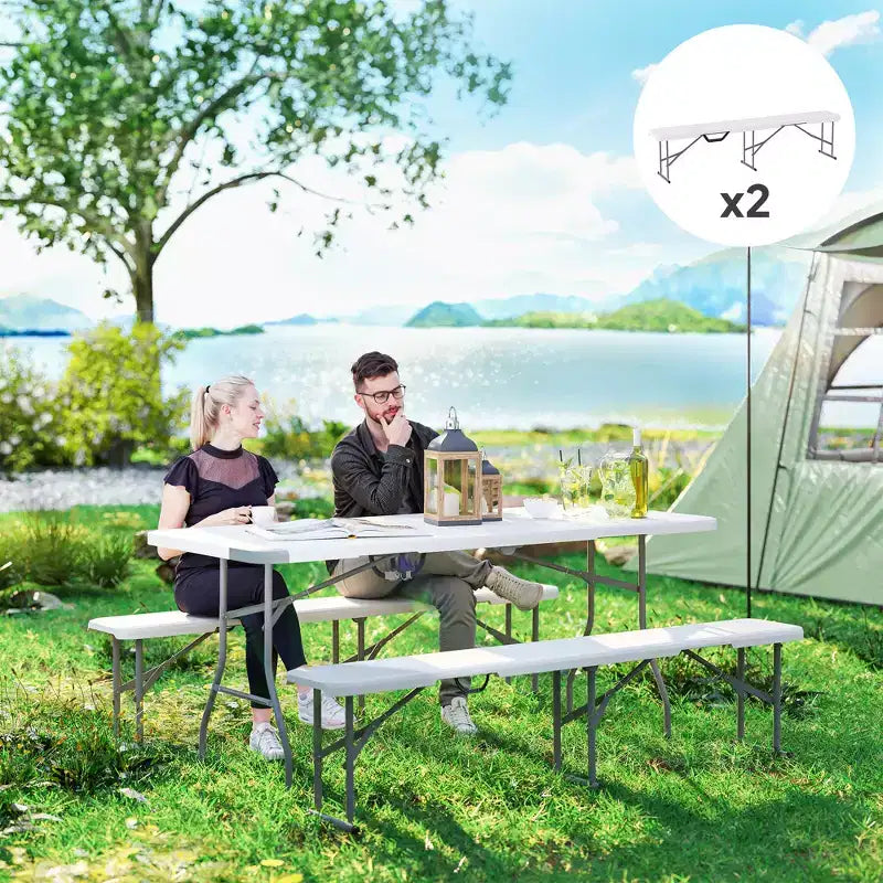 Panca pieghevole bianca e grigio chiaro da 1,8 m, 2 posti, set da 2