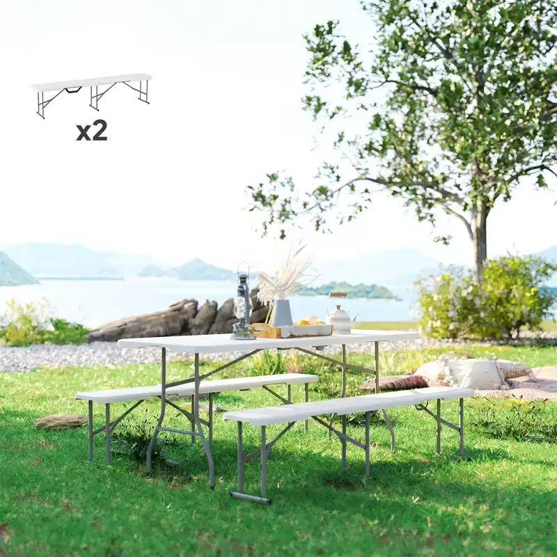 Panca pieghevole bianca e grigio chiaro da 1,8 m, 2 posti, set da 2