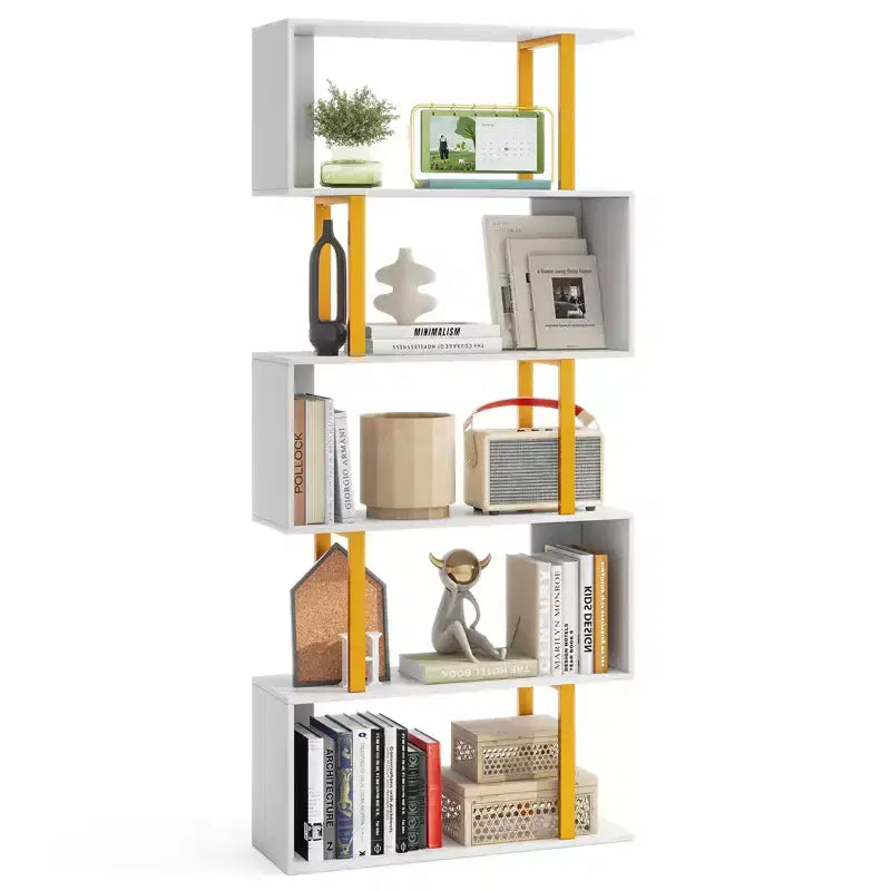 Libreria a 5 ripiani a S, bianca e oro, alta 157 cm, autoportante, montaggio da 1 persona