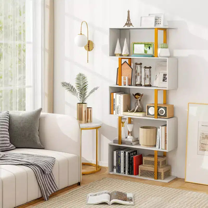 Libreria a 5 ripiani a S, bianca e oro, alta 157 cm, autoportante, montaggio da 1 persona