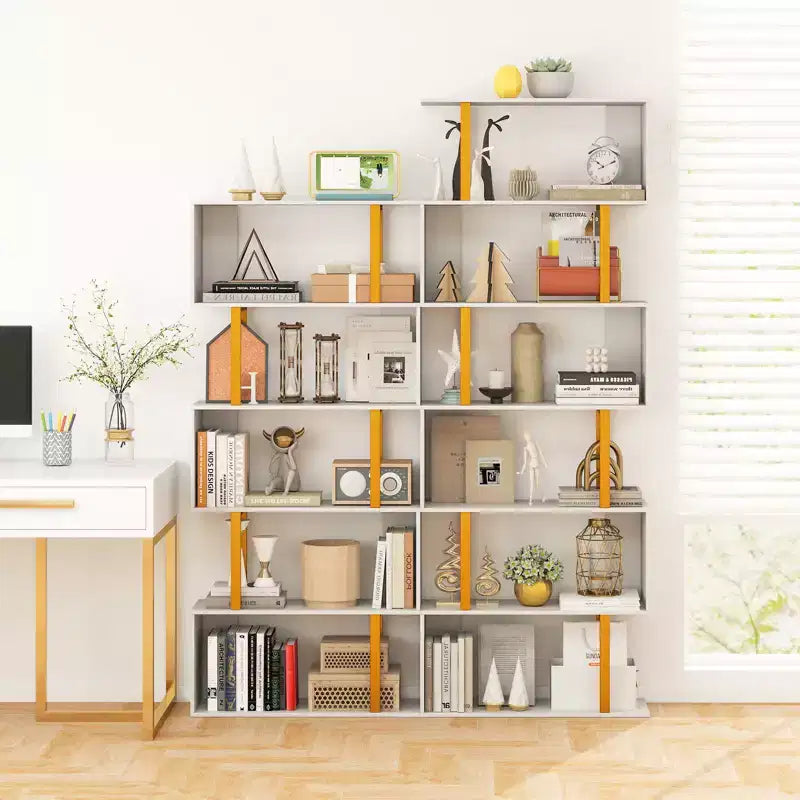 Libreria a 5 ripiani a S, bianca e oro, alta 157 cm, autoportante, montaggio da 1 persona