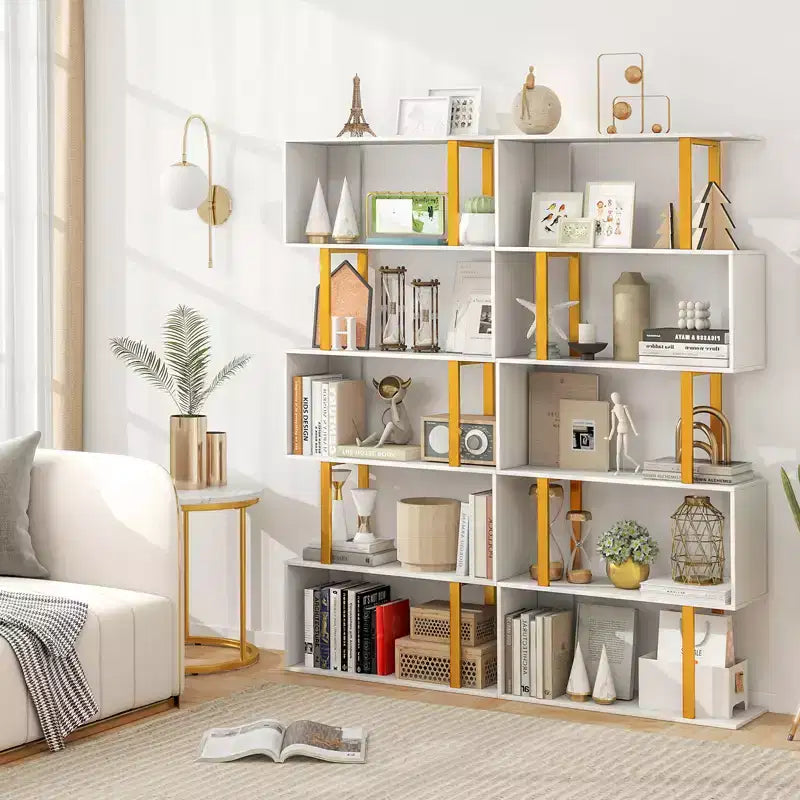 Libreria a 5 ripiani a S, bianca e oro, alta 157 cm, autoportante, montaggio da 1 persona