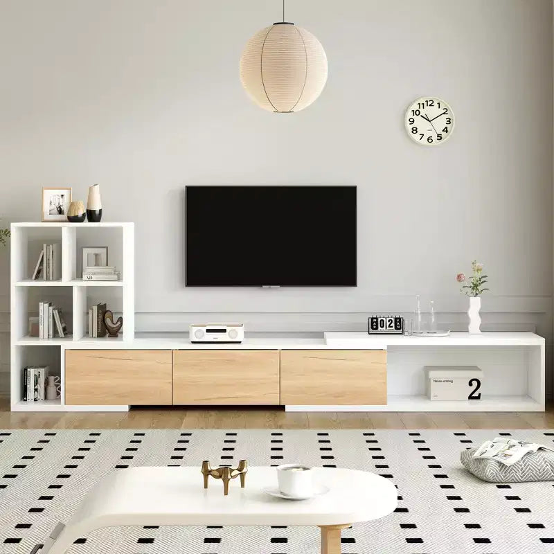 Mobile TV estensibile bianco e nero con ripiani, per TV fino a 110"