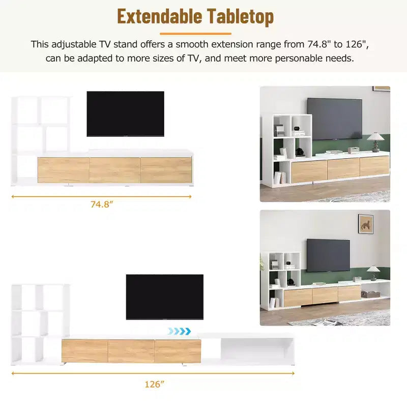 Mobile TV estensibile bianco e nero con ripiani, per TV fino a 110"