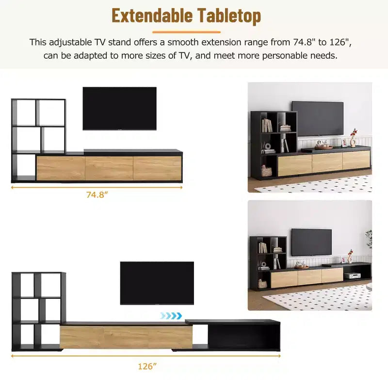 Mobile TV estensibile bianco e nero con ripiani, per TV fino a 110"