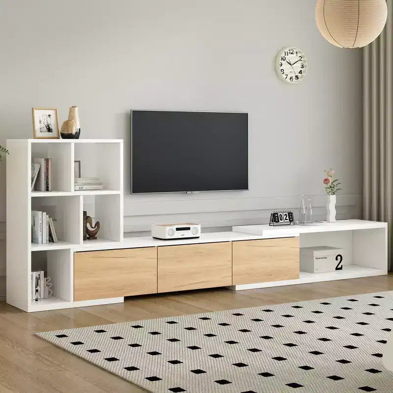 Mobile TV estensibile bianco e nero con ripiani, per TV fino a 110"