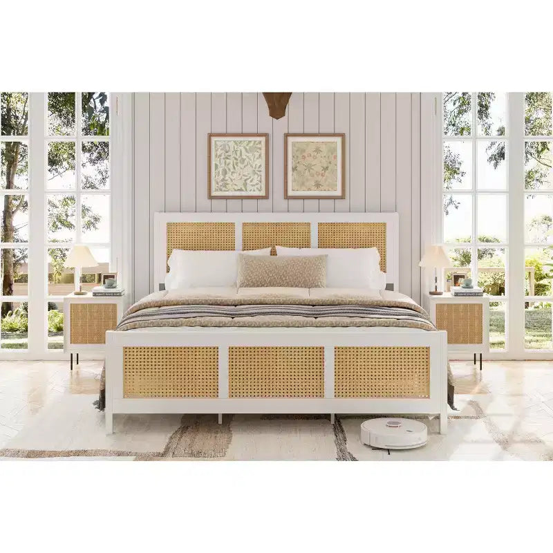 Testiera in rattan bianco/nero per letto con piattaforma, Full/Queen, Adatto per 1-2
