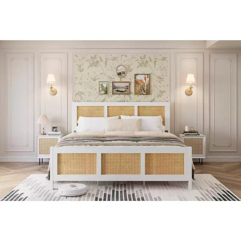 Testiera in rattan bianco/nero per letto con piattaforma, Full/Queen, Adatto per 1-2