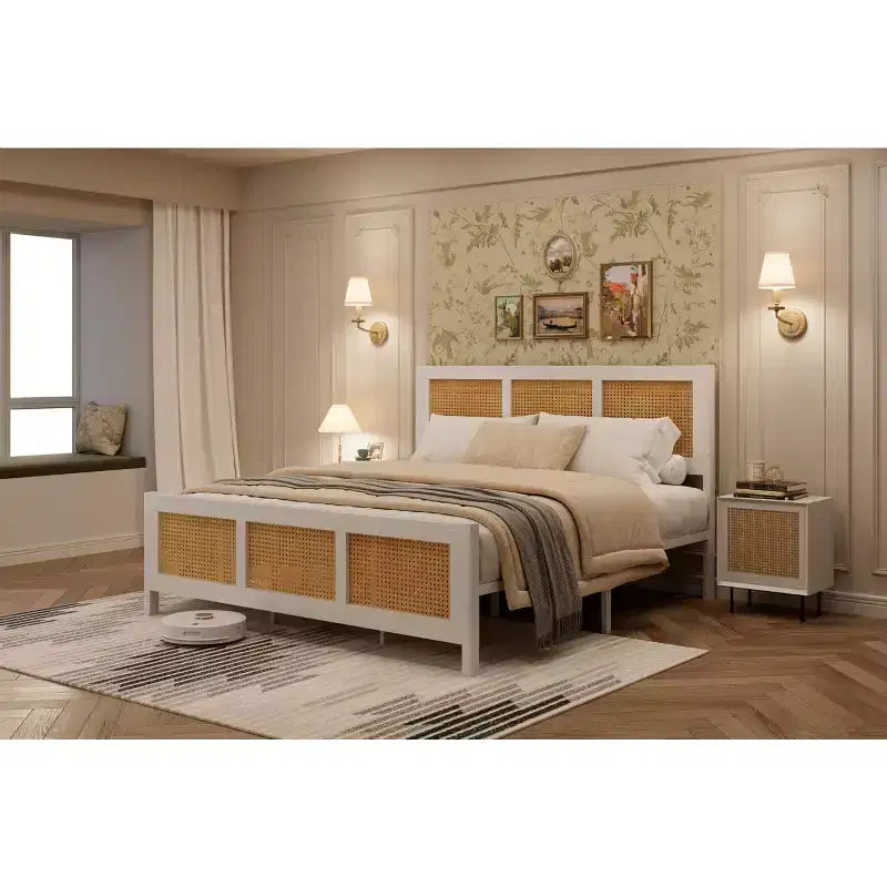 Testiera in rattan bianco/nero per letto con piattaforma, Full/Queen, Adatto per 1-2