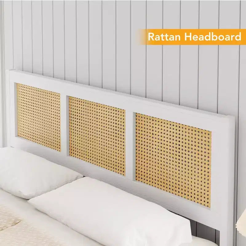 Testiera in rattan bianco/nero per letto con piattaforma, Full/Queen, Adatto per 1-2