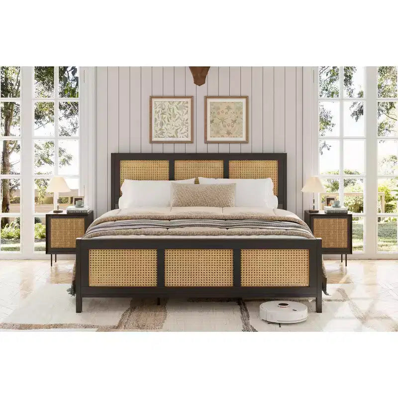 Testiera in rattan bianco/nero per letto con piattaforma, Full/Queen, Adatto per 1-2