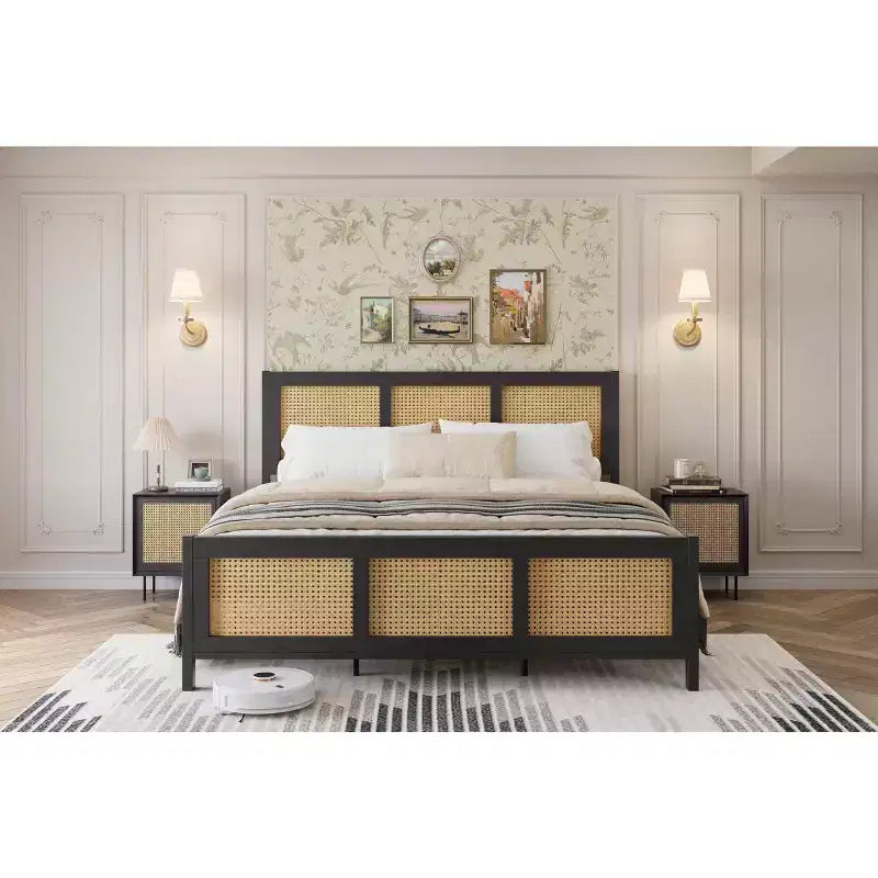 Testiera in rattan bianco/nero per letto con piattaforma, Full/Queen, Adatto per 1-2