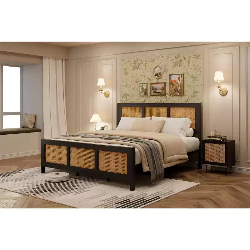 Testiera in rattan bianco/nero per letto con piattaforma, Full/Queen, Adatto per 1-2