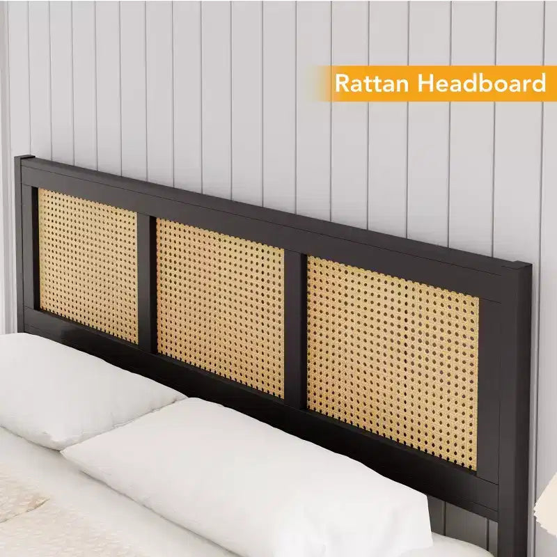 Testiera in rattan bianco/nero per letto con piattaforma, Full/Queen, Adatto per 1-2