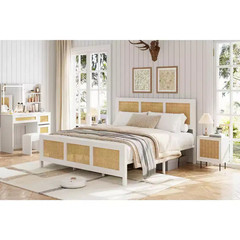 Testiera in rattan bianco/nero per letto con piattaforma, Full/Queen, Adatto per 1-2