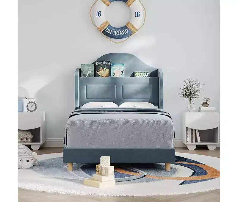 Struttura Letto Singolo, Beige/Blu/Rosa, Imbottita con Testiera ad Ali, Testiera con Contenitore, per 1 Bambino