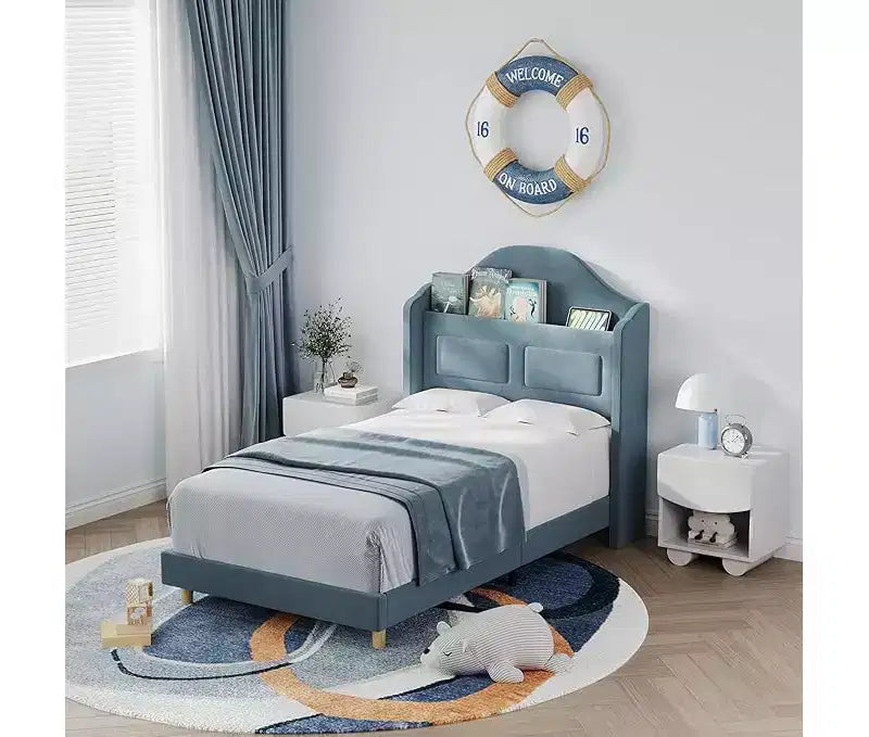 Struttura Letto Singolo, Beige/Blu/Rosa, Imbottita con Testiera ad Ali, Testiera con Contenitore, per 1 Bambino