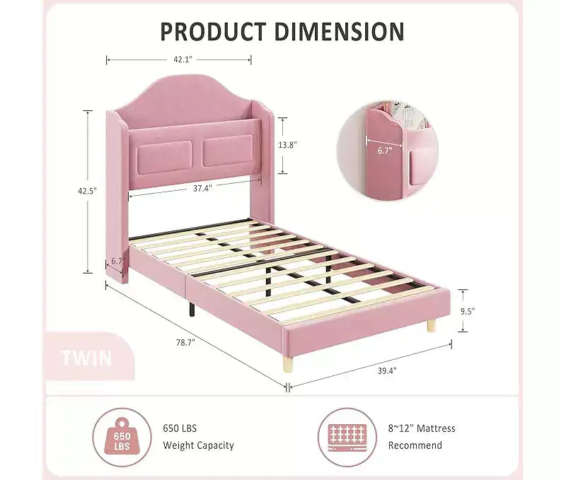 Struttura Letto Singolo, Beige/Blu/Rosa, Imbottita con Testiera ad Ali, Testiera con Contenitore, per 1 Bambino