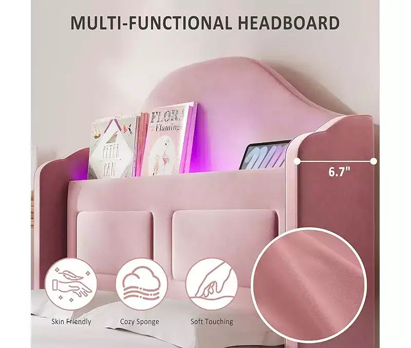 Struttura Letto Singolo, Beige/Blu/Rosa, Imbottita con Testiera ad Ali, Testiera con Contenitore, per 1 Bambino