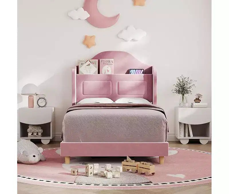 Struttura Letto Singolo, Beige/Blu/Rosa, Imbottita con Testiera ad Ali, Testiera con Contenitore, per 1 Bambino