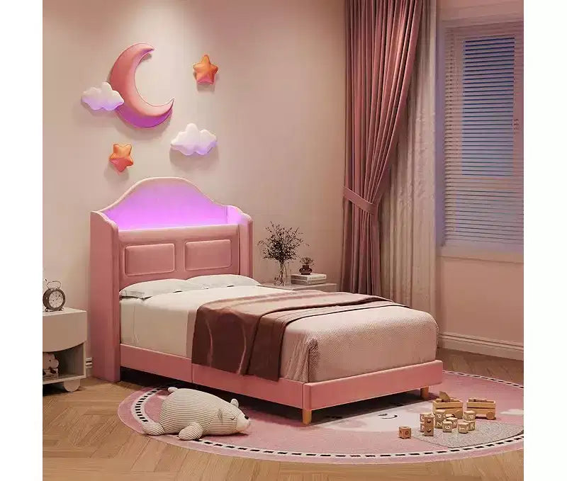 Struttura Letto Singolo, Beige/Blu/Rosa, Imbottita con Testiera ad Ali, Testiera con Contenitore, per 1 Bambino