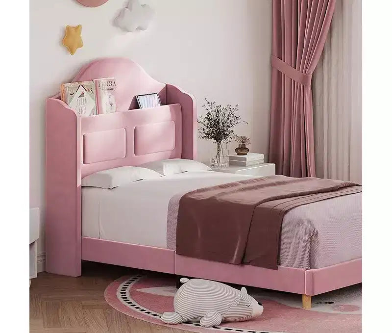 Struttura Letto Singolo, Beige/Blu/Rosa, Imbottita con Testiera ad Ali, Testiera con Contenitore, per 1 Bambino