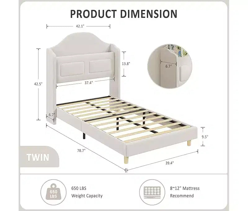 Struttura Letto Singolo, Beige/Blu/Rosa, Imbottita con Testiera ad Ali, Testiera con Contenitore, per 1 Bambino