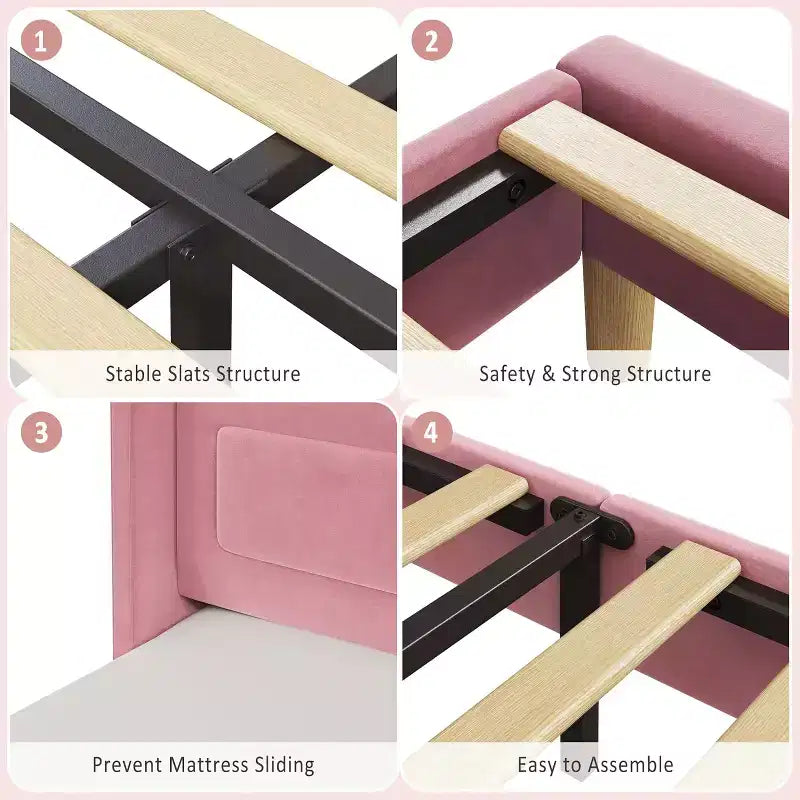 Struttura Letto Singolo, Beige/Blu/Rosa, Imbottita con Testiera ad Ali, Testiera con Contenitore, per 1 Bambino