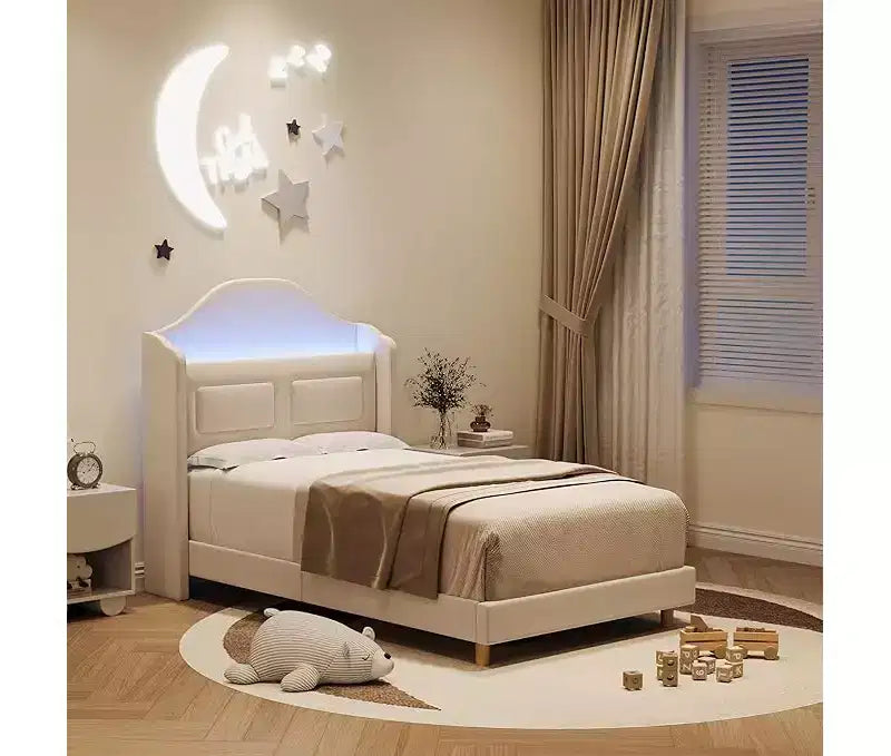 Struttura Letto Singolo, Beige/Blu/Rosa, Imbottita con Testiera ad Ali, Testiera con Contenitore, per 1 Bambino