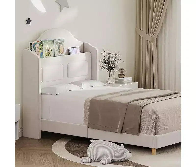 Struttura Letto Singolo, Beige/Blu/Rosa, Imbottita con Testiera ad Ali, Testiera con Contenitore, per 1 Bambino
