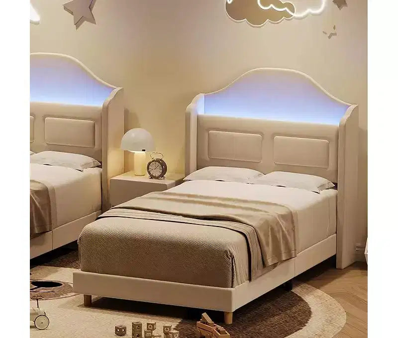Struttura Letto Singolo, Beige/Blu/Rosa, Imbottita con Testiera ad Ali, Testiera con Contenitore, per 1 Bambino