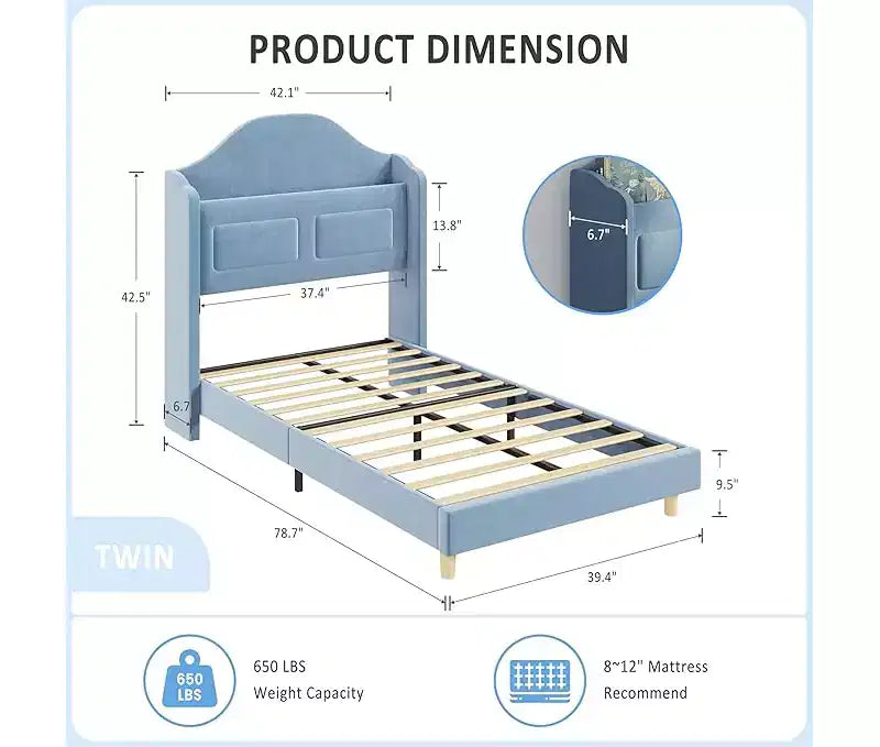 Struttura Letto Singolo, Beige/Blu/Rosa, Imbottita con Testiera ad Ali, Testiera con Contenitore, per 1 Bambino