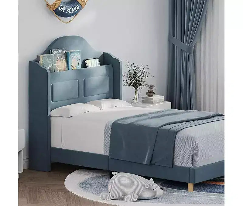 Struttura Letto Singolo, Beige/Blu/Rosa, Imbottita con Testiera ad Ali, Testiera con Contenitore, per 1 Bambino