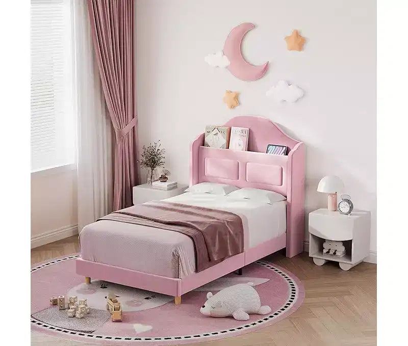 Struttura Letto Singolo, Beige/Blu/Rosa, Imbottita con Testiera ad Ali, Testiera con Contenitore, per 1 Bambino