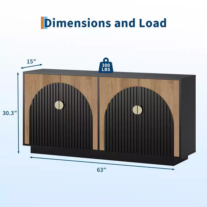 Credenza a buffet scanalata beige/nera con 4 ante e ripiani regolabili