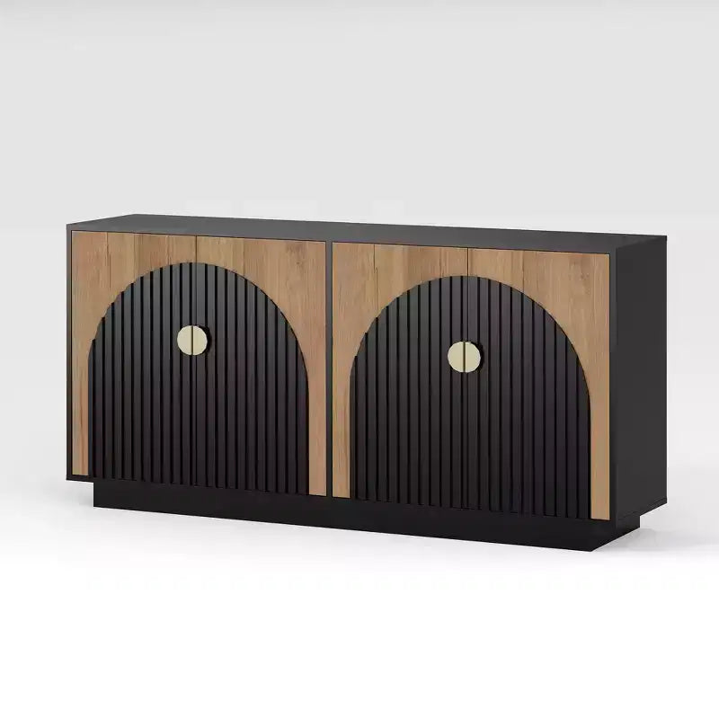 Credenza a buffet scanalata beige/nera con 4 ante e ripiani regolabili