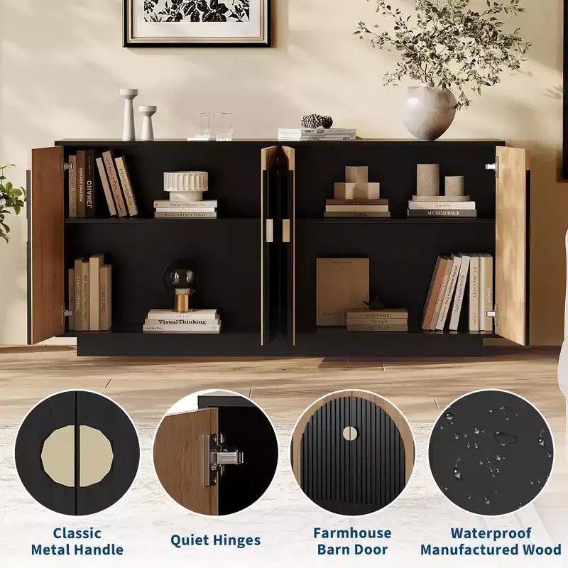 Credenza a buffet scanalata beige/nera con 4 ante e ripiani regolabili