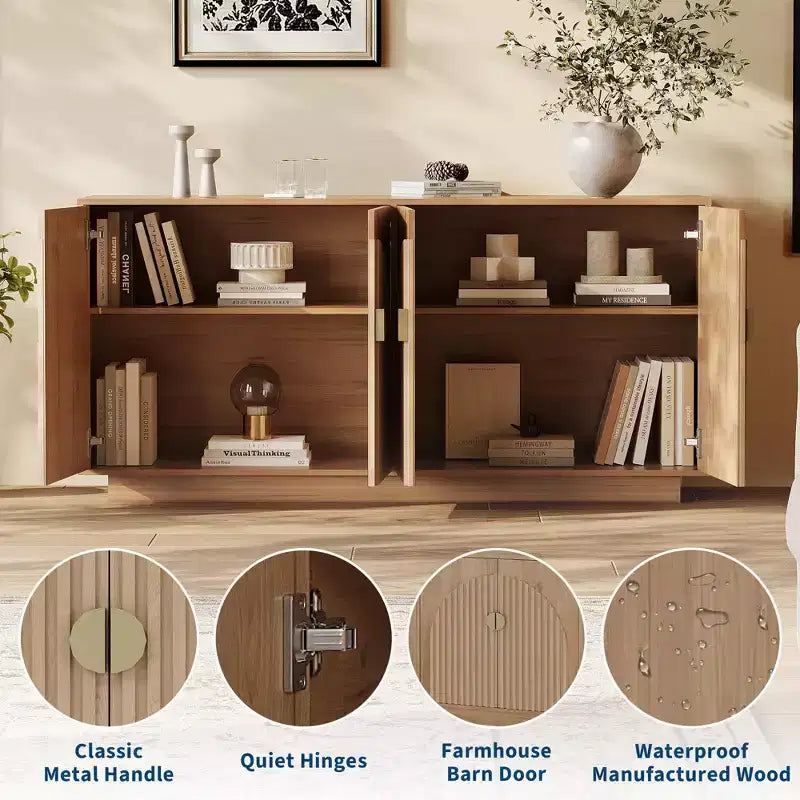 Credenza a buffet scanalata beige/nera con 4 ante e ripiani regolabili