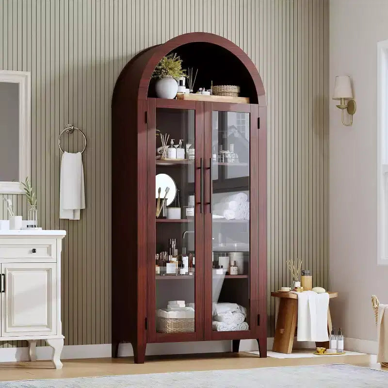 Armadietto da esposizione a 5 ripiani ad arco stile rustico, nero/marrone/bianco, con 2 ante in vetro, monoposto