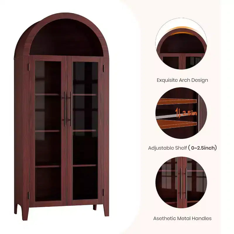 Armadietto da esposizione a 5 ripiani ad arco stile rustico, nero/marrone/bianco, con 2 ante in vetro, monoposto
