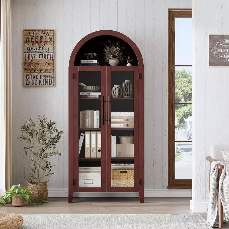 Armadietto da esposizione a 5 ripiani ad arco stile rustico, nero/marrone/bianco, con 2 ante in vetro, monoposto