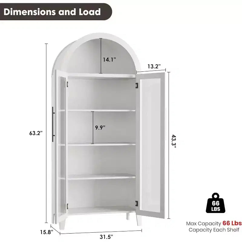 Armadietto da esposizione a 5 ripiani ad arco stile rustico, nero/marrone/bianco, con 2 ante in vetro, monoposto