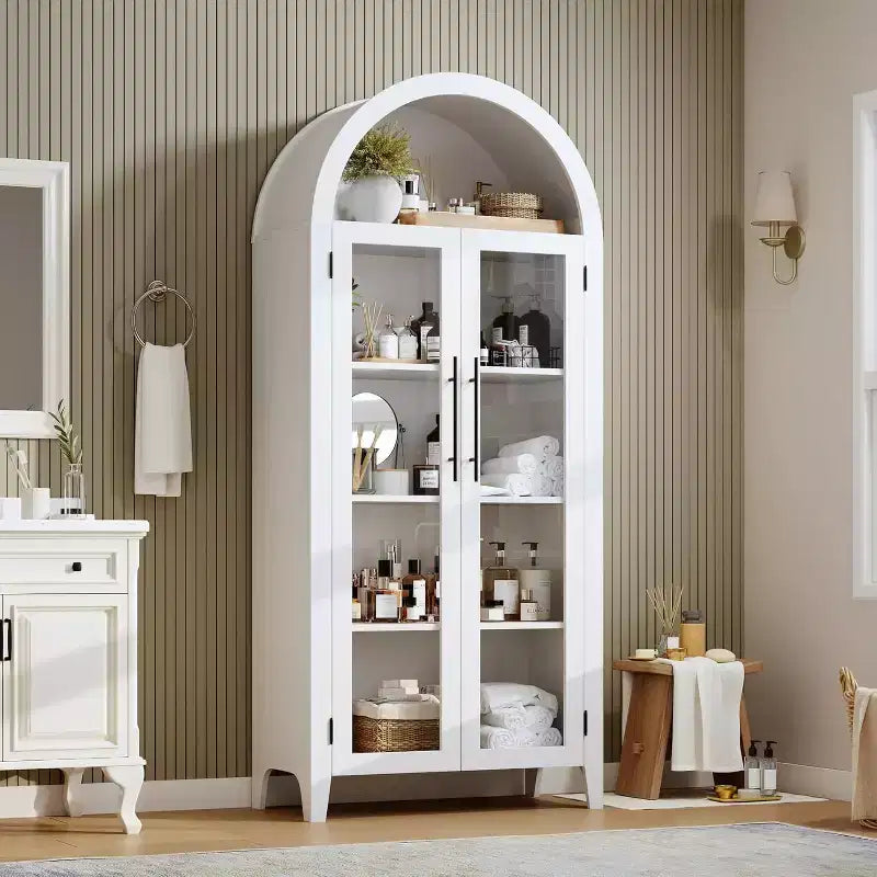 Armadietto da esposizione a 5 ripiani ad arco stile rustico, nero/marrone/bianco, con 2 ante in vetro, monoposto