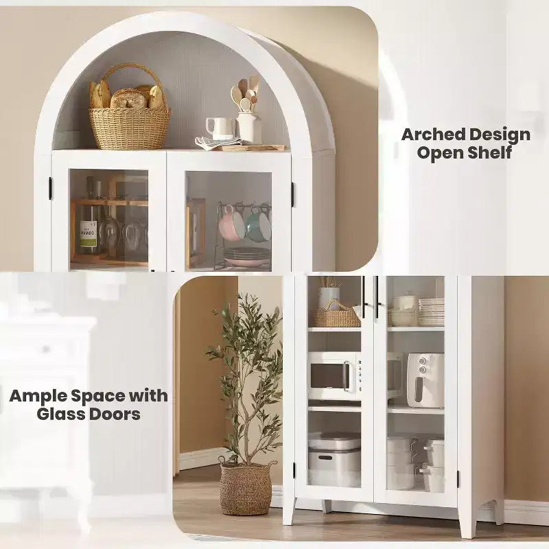 Armadietto da esposizione a 5 ripiani ad arco stile rustico, nero/marrone/bianco, con 2 ante in vetro, monoposto